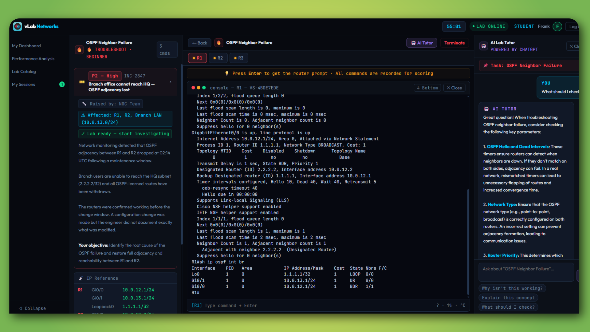 Troubleshooting lab with incident ticket and Cisco-IOS-compatible terminal